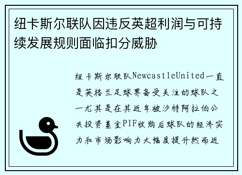 纽卡斯尔联队因违反英超利润与可持续发展规则面临扣分威胁